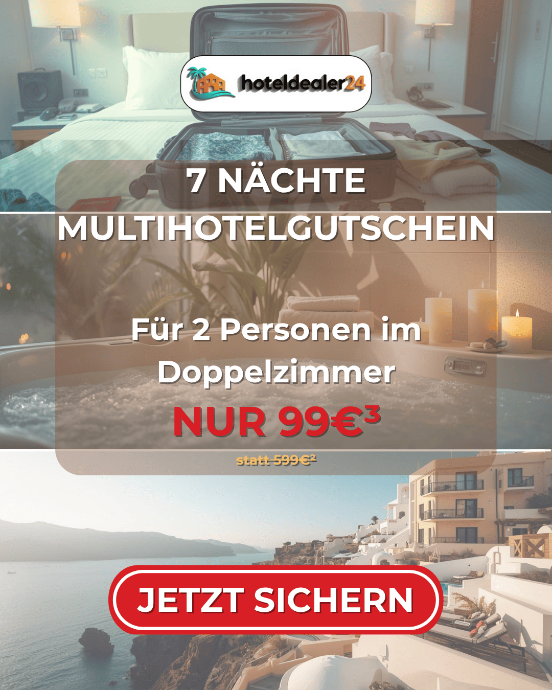 7 Nächte Multi-Hotelgutschein für 2 Personen im Doppelzimmer bis zu 5⭐
