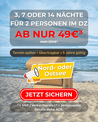 Nord- & Ostsee Hotelgutschein – 3, 7 oder 14 Nächte für 2 Personen im DZ bis zu 5⭐