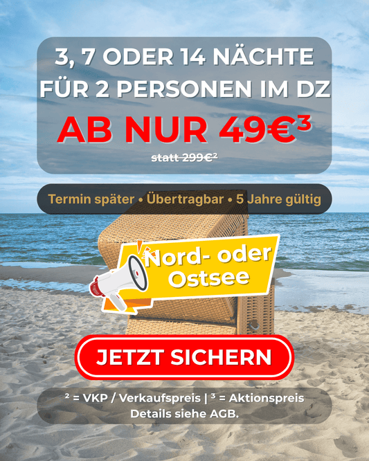 Nord- & Ostsee Hotelgutschein – 3, 7 oder 14 Nächte für 2 Personen im DZ bis zu 5⭐